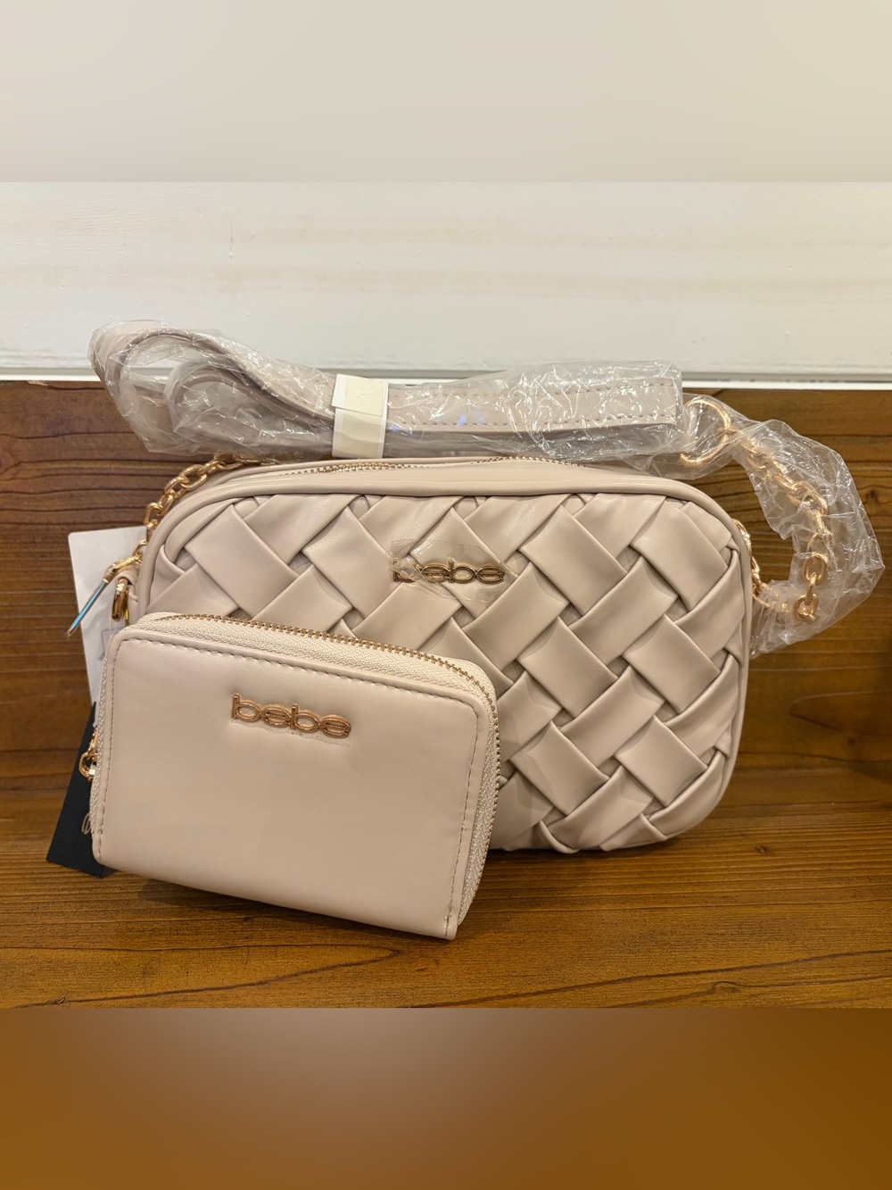 bebe Woven Crossbody Bag in Light Beige with Gold Hardware